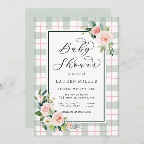Watercolor Bloom  Pastel Plaid Baby Shower Invitation