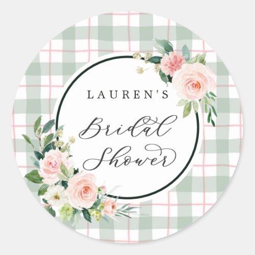 Watercolor Bloom  Pastel Plaid Bridal Shower Classic Round Sticker