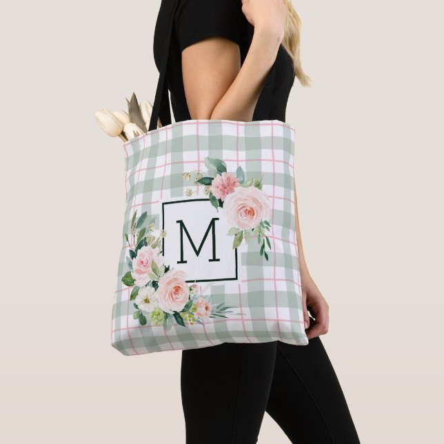 Watercolor Bloom | Pastel Plaid Monogram Tote Bag (Close Up)