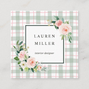 Watercolor Bloom Pastel Plaid Square Business Card