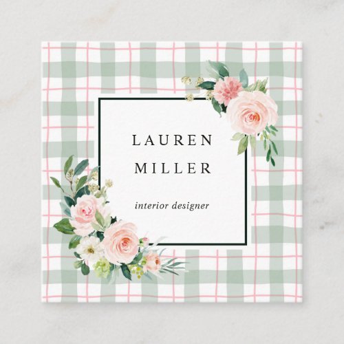 Watercolor Bloom  Pastel Plaid Square Business Card
