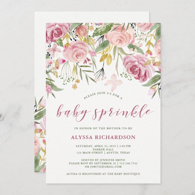 Watercolor Bloom Pink | Gold Floral Baby Sprinkle Invitation (Front/Back)