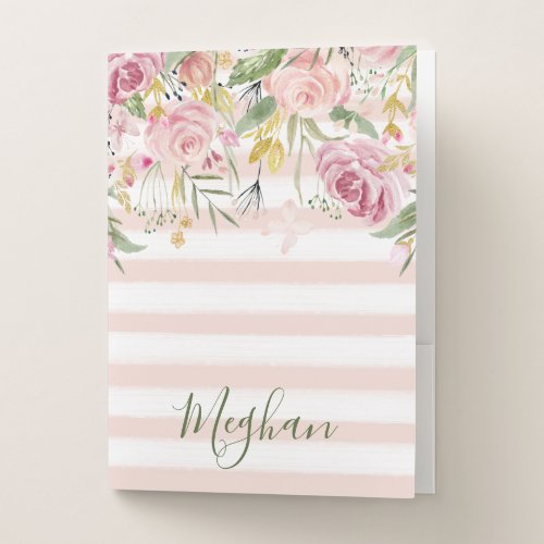 Watercolor Bloom Pink Stripes  Gold Floral Pocket Folder