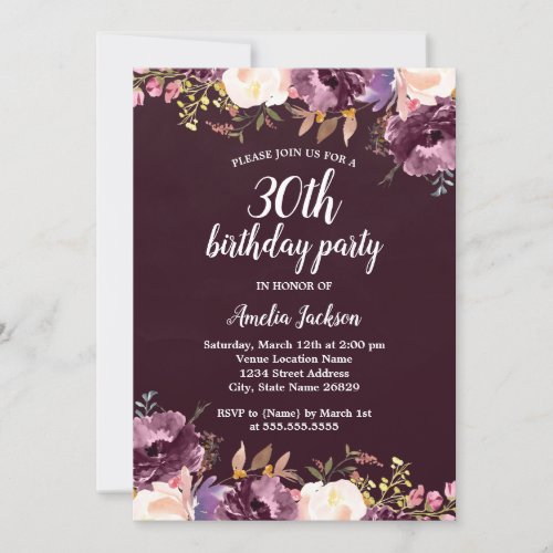 Watercolor Bloom Purple Floral 30th Birthday Party Invitation