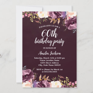 Watercolor Bloom Purple Floral 60th Birthday Party Invitation