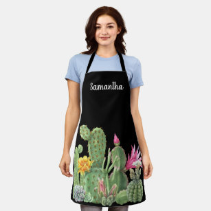 Watercolor Blooming Cactus Succulent Monogram Apron