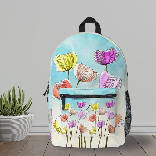 Watercolor Blooming Flowers with Dark Black Lines Printed Backpack