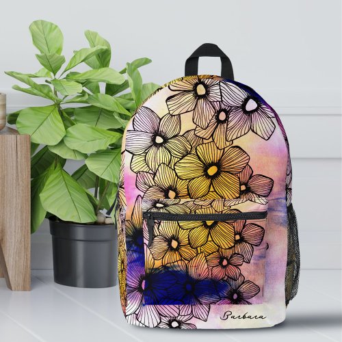 Watercolor Blooming Flowers with Dark Black Lines Printed Backpack