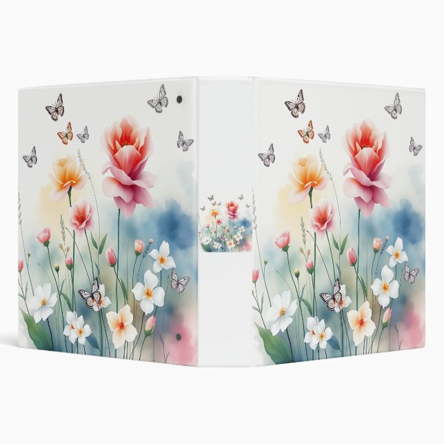 Watercolor Blooming Garden with Butterflies 3 Ring Binder (Background)