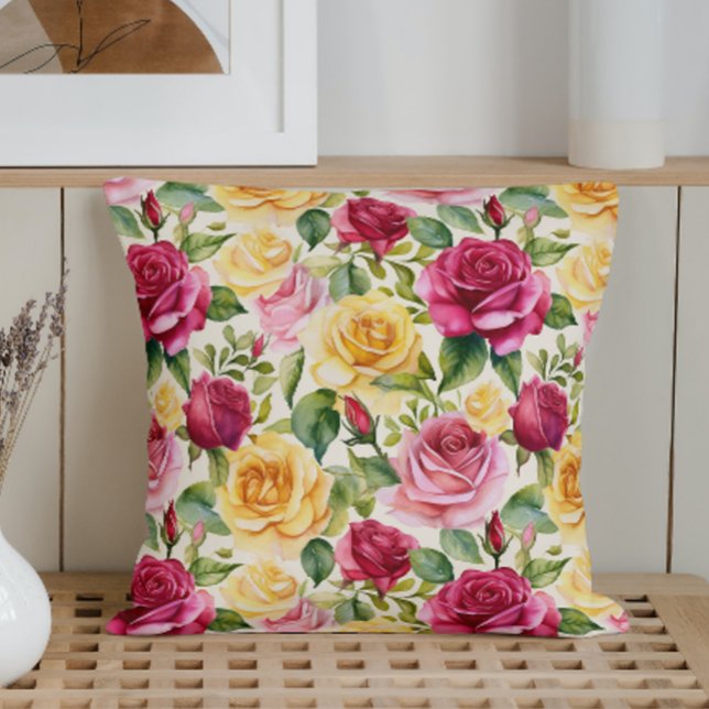 Watercolor Blooming Rose Garden Throw Pillow (Creator Uploaded)