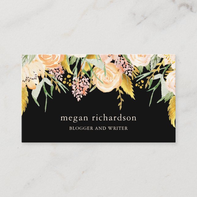 Watercolor Blooms | Gold and Peach Floral on Black Business Card (Front)