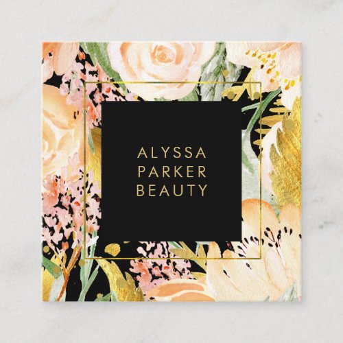 Watercolor Blooms  Gold and Peach Floral on Black Square Business Card