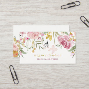 Watercolor Blooms Pink and Gold Floral Business Card