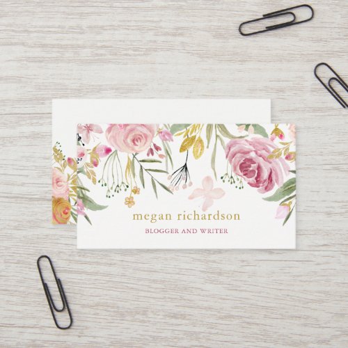 Watercolor Blooms  Pink and Gold Floral Business Card