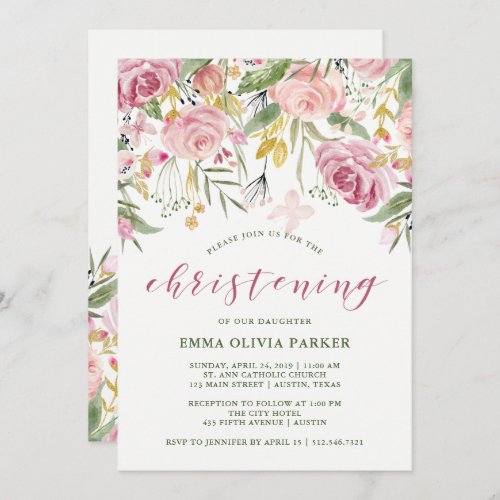 Watercolor Blooms Pink and Gold Floral Christening Invitation