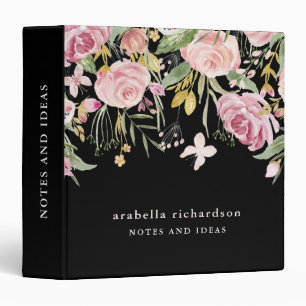 Watercolor Blooms   Pink and Gold Floral on Black 3 Ring Binder