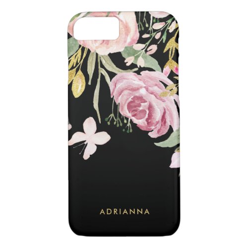 Watercolor Blooms  Pink and Gold Floral on Black iPhone 87 Case