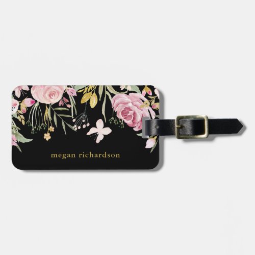 Watercolor Blooms  Pink and Gold Floral on Black Luggage Tag
