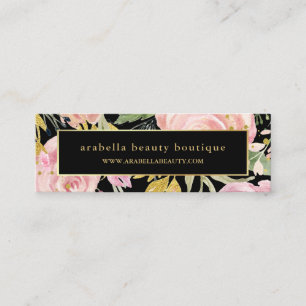 Watercolor Blooms   Pink and Gold Floral on Black Mini Business Card