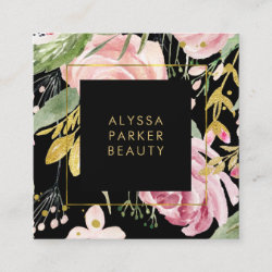 Watercolor Blooms | Pink and Gold Floral on Black Square Business Card