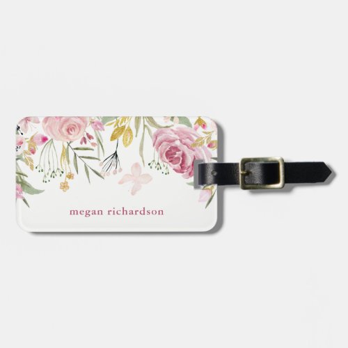 Watercolor Blooms  Pink and Gold Floral on White Luggage Tag
