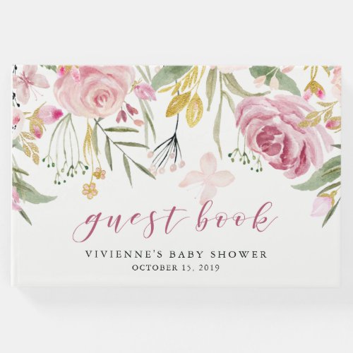 Watercolor Blooms  Pink and Gold Floral Party Guest Book