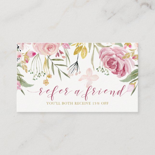 Watercolor Blooms | Pink and Gold Floral Referral Card (Front)