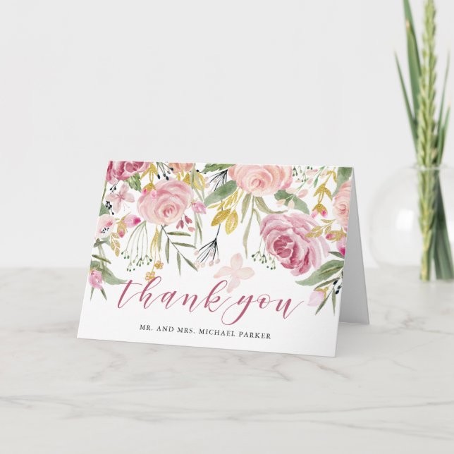 Watercolor Blooms | Pink and Gold Floral Thank You (Front)