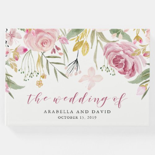 Watercolor Blooms  Pink and Gold Floral Wedding Guest Book