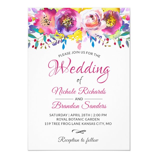 Watercolor Blossom Fuchsia Gold Floral Wedding Invitation