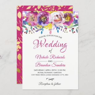 Watercolor Blossom Fuchsia Gold Floral Wedding Invitation