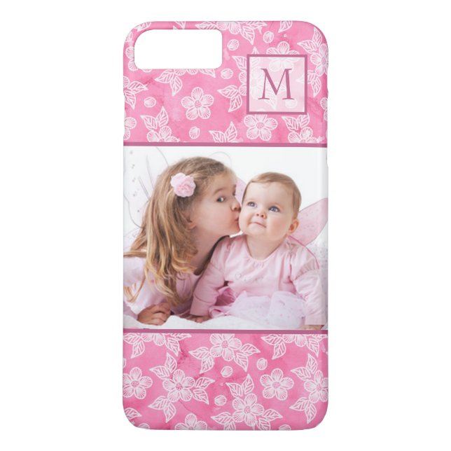 Watercolor Blossom Pink Monogram Photo Case-Mate iPhone Case (Back)