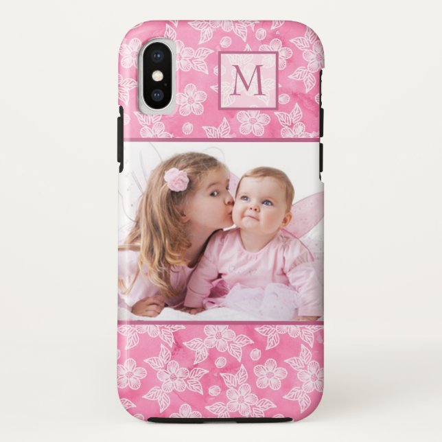 Watercolor Blossom Pink Monogram Photo Case-Mate iPhone Case (Back)