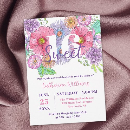 Watercolor Blossoms and Greenery Sweet 16 Birthday Invitation