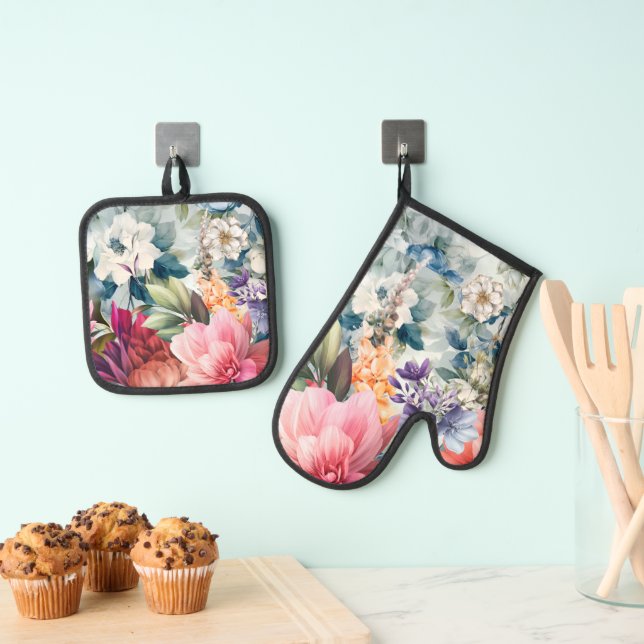 Watercolor Blossoms Oven Mitt & Pot Holder Set (Insitu(Hanging))