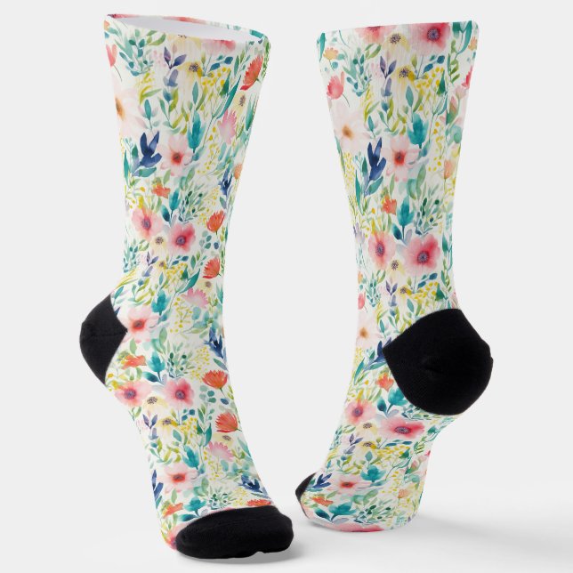Watercolor Blossoms: Whimsical Garden Dreams Socks (Angled)