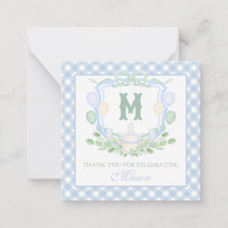 Watercolor Blue 1st Birthday Monogram Crest Gift Note Card