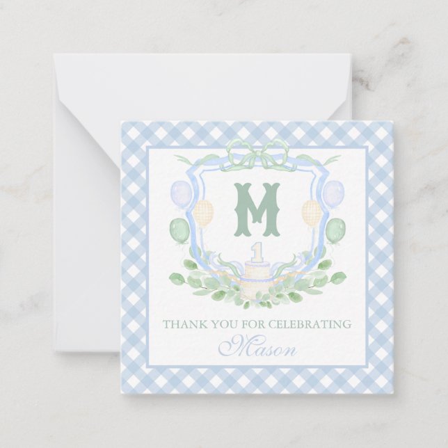 Watercolor Blue 1st Birthday Monogram Crest Gift Note Card (Front)