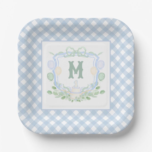 Watercolor Blue 1st Birthday Monogram Crest Party Paper Plates (Front)