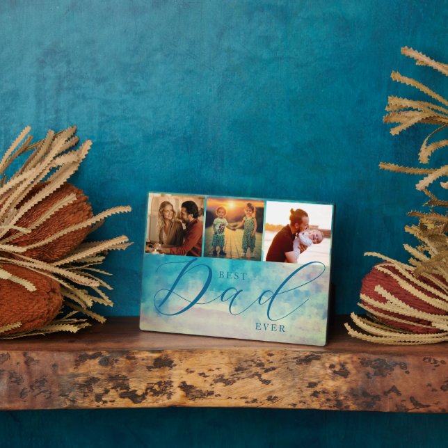 Watercolor Blue Abstract 3 Photos Best Dad Ever Plaque (Side)