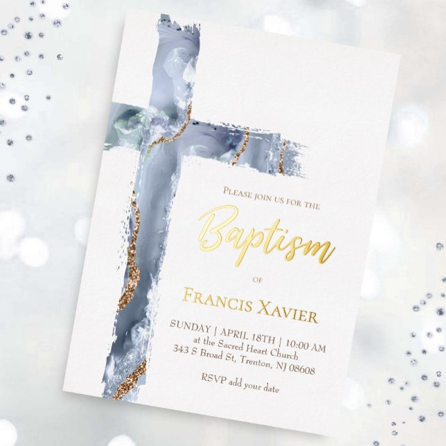 watercolor blue agate cross Baptism Foil Invitation (Creator Uploaded)