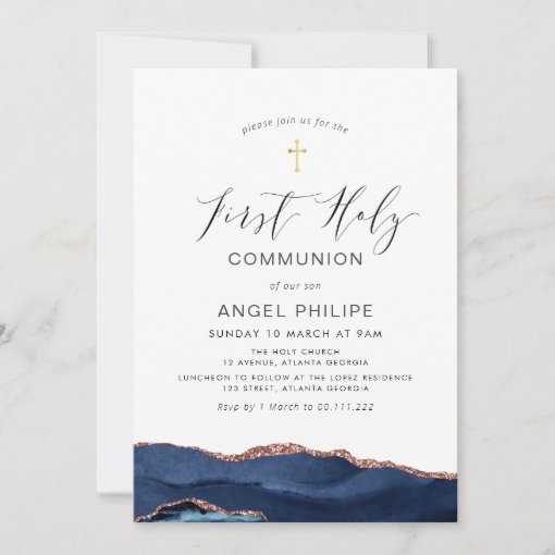 watercolor blue agate script first communion invitation | Zazzle