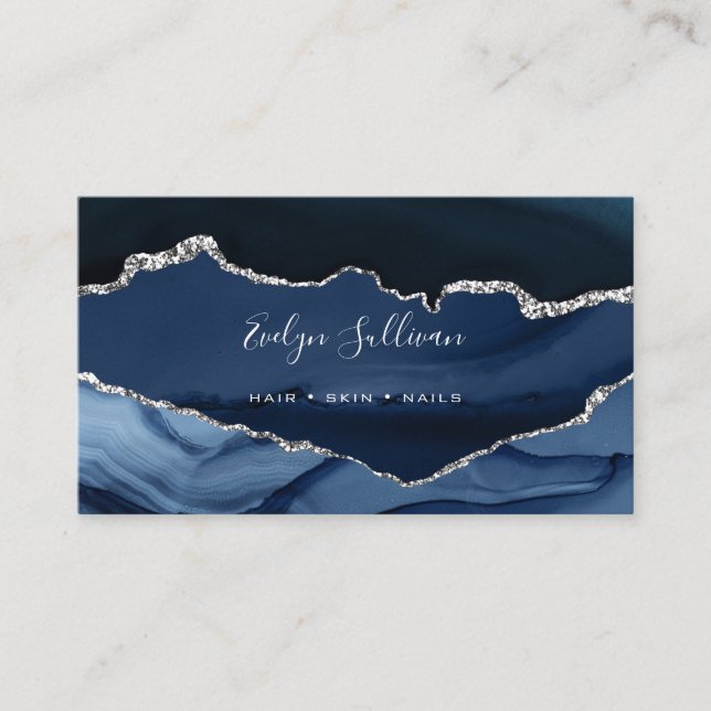  watercolor blue agate silver veins business card (Front)