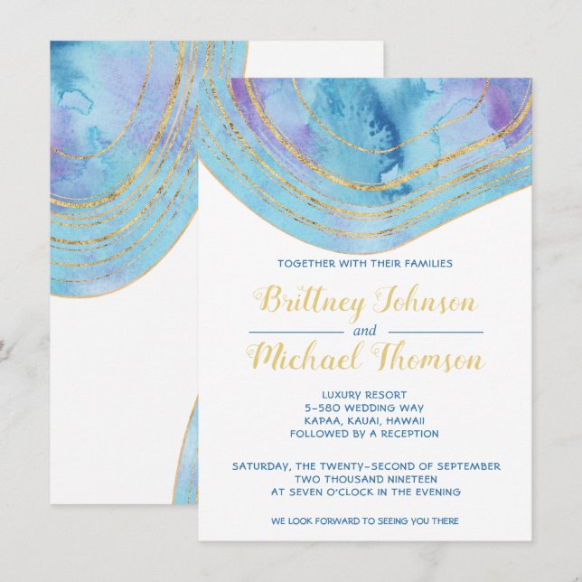 Watercolor Blue Agate with Gold Foil Wedding Invitation (Front/Back)