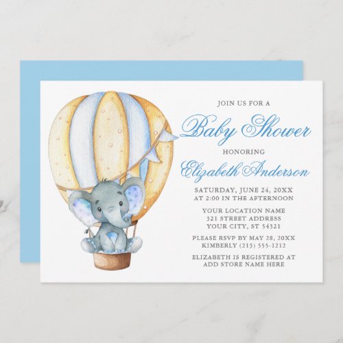 Watercolor Blue Air Balloon Elephant Baby Shower Invitation