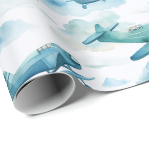 Watercolor Blue Airplane Nursery Design, Soft Sky Wrapping Paper
