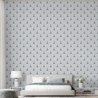 Watercolor Blue Anchor Diamond and White Coastal Wallpaper
