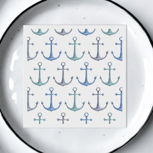 Watercolor blue anchors Nautical beach pattern Napkins