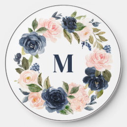 Watercolor Blue and Blush Floral Wreath Monogram Wireless Charger