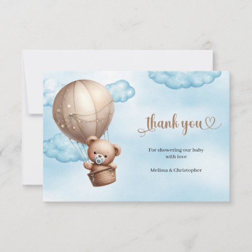 Watercolor blue and brown teddy bear balloon thank you card